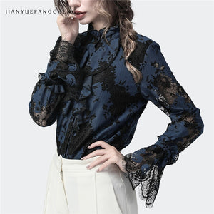 Ladies Blouses Lace Ruffles Tops Stand Collar Flare Long Sleeve Hollow Out Floral Plus Size Elegant Spring Autumn Women Clothing