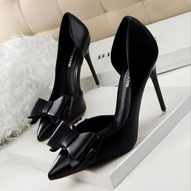 Elegant Bowknot OL High-heeled Shoes Women's PU Leather Shallow-mouthed Cuboid Single Shoes Bridal Pumps