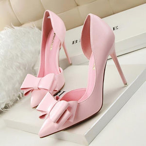 Elegant Bowknot OL High-heeled Shoes Women's PU Leather Shallow-mouthed Cuboid Single Shoes Bridal Pumps