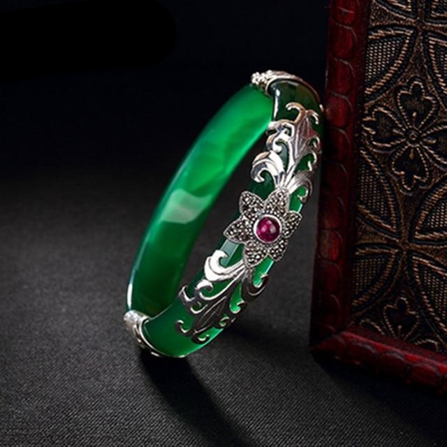 925 Sterling Thai Silver Mosaic Handmade Craft Chalcedony Bangles Zircon Luxury Ethnic Vintage Bangle Fine Jewelry Women Gift