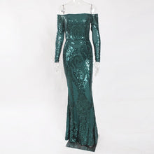 Load image into Gallery viewer, Full Sleeved Elegant Emerald Green Sequined Maxi Dress Padded Long Floor Length Off The Shoulder Slash Neck Dress