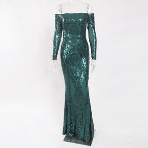 Full Sleeved Elegant Emerald Green Sequined Maxi Dress Padded Long Floor Length Off The Shoulder Slash Neck Dress