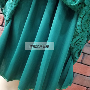 Long Sleeve Office Lace Dress 2019 Autumn Single Breasted Fashion Bow Elegant Hollow Out Tunic Party Green Dress African Clothes