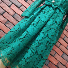 Load image into Gallery viewer, Long Sleeve Office Lace Dress 2019 Autumn Single Breasted Fashion Bow Elegant Hollow Out Tunic Party Green Dress African Clothes