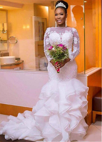 Vintage African Mermaid Wedding Dresses With Organza Ruffles Sheer Long Sleeves Appliques Nigerian Plus Size Bridal Gowns 2020