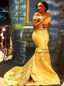 African Nigerian Yellow Mermaid Prom Dresses 2019 Off Shoulder Lace Sequined Satin Evening Prom Gowns Arabic Prom Dress Custom