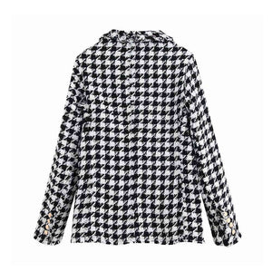 Vintage Stylish Houndstooth Double Breasted Blazer Coat Women 2020 Fashion Long Sleeve Frayed Trims Outerwear Chic Plaid Tops