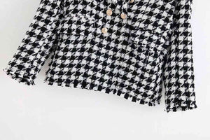 Vintage Stylish Houndstooth Double Breasted Blazer Coat Women 2020 Fashion Long Sleeve Frayed Trims Outerwear Chic Plaid Tops