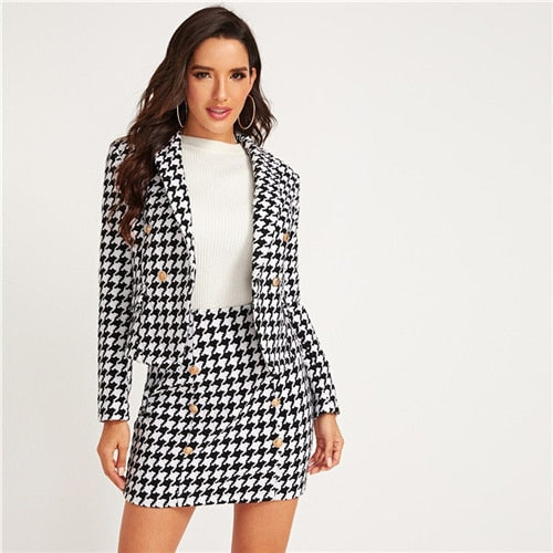 SHEIN Black And White Shawl Collar Houndstooth Print Blazer And Bodycon Skirt Elegant Set 2019 Autumn Ladies Buttoned Suit Sets