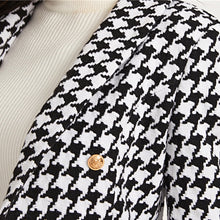 Load image into Gallery viewer, SHEIN Black And White Shawl Collar Houndstooth Print Blazer And Bodycon Skirt Elegant Set 2019 Autumn Ladies Buttoned Suit Sets