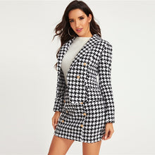 Load image into Gallery viewer, SHEIN Black And White Shawl Collar Houndstooth Print Blazer And Bodycon Skirt Elegant Set 2019 Autumn Ladies Buttoned Suit Sets