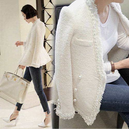 New Women Top coat Wool Tweed velvet Coat fashion Arrived Top Quality Simple Sexy Slim Thin Cotton pearl Tassel OL Ladies jacket