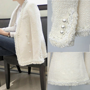 New Women Top coat Wool Tweed velvet Coat fashion Arrived Top Quality Simple Sexy Slim Thin Cotton pearl Tassel OL Ladies jacket