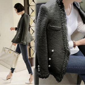 New Women Top coat Wool Tweed velvet Coat fashion Arrived Top Quality Simple Sexy Slim Thin Cotton pearl Tassel OL Ladies jacket