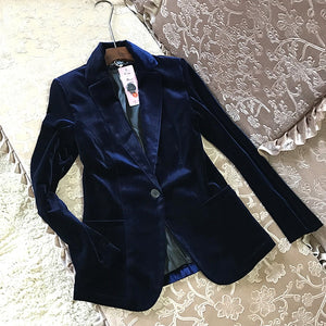 High Quality 2019 New Velvet Women Blazer Black Blue Elegant Lady Blazers Suits  Plus Size Long Sleeve Slim Office Suit Jacket