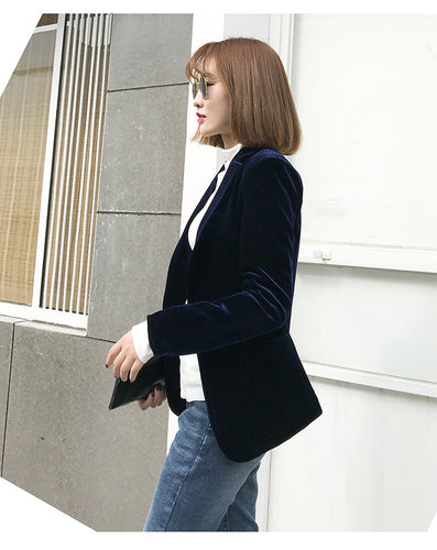 High Quality 2019 New Velvet Women Blazer Black Blue Elegant Lady Blazers Suits  Plus Size Long Sleeve Slim Office Suit Jacket