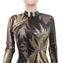 Load image into Gallery viewer, Black and Gold Sequin Dress Mesh Bodycon Midi Sexy Club Outfits 2020 Long Sleeve See Through Tight Dresses Woman Party Night