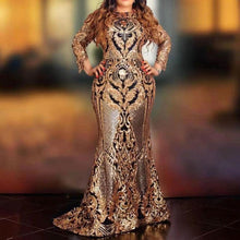 Load image into Gallery viewer, African Ladies Sequins Party Dress Long Sleeve Luxury Golden Glitter Sexy Mesh Bodycon Women Evening Dinner Plus Size Maxi Dress