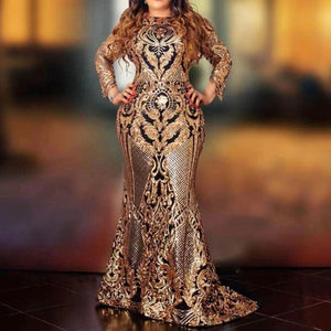 African Ladies Sequins Party Dress Long Sleeve Luxury Golden Glitter Sexy Mesh Bodycon Women Evening Dinner Plus Size Maxi Dress