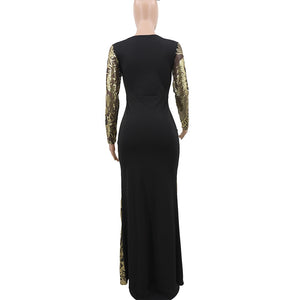 African Ladies Sequins Party Dress Long Sleeve Luxury Golden Glitter Sexy Mesh Bodycon Women Evening Dinner Plus Size Maxi Dress