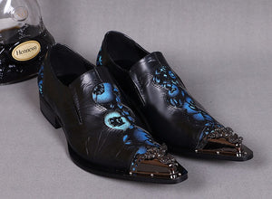 Christia Bella Party Men Dress Shoes Floral Formal Real Leather Men Shoes Black Metal Pointed Toe Business Leather Oxford Shoes