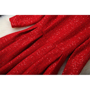 High Quality Runway Dress Autumn Winter Woman Clothes 2019 New Elegant Stand Neck Sequined Tweed Woolen Dress Red Party Vestidos