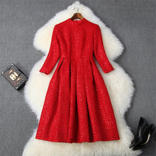 Load image into Gallery viewer, High Quality Runway Dress Autumn Winter Woman Clothes 2019 New Elegant Stand Neck Sequined Tweed Woolen Dress Red Party Vestidos