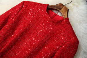 High Quality Runway Dress Autumn Winter Woman Clothes 2019 New Elegant Stand Neck Sequined Tweed Woolen Dress Red Party Vestidos