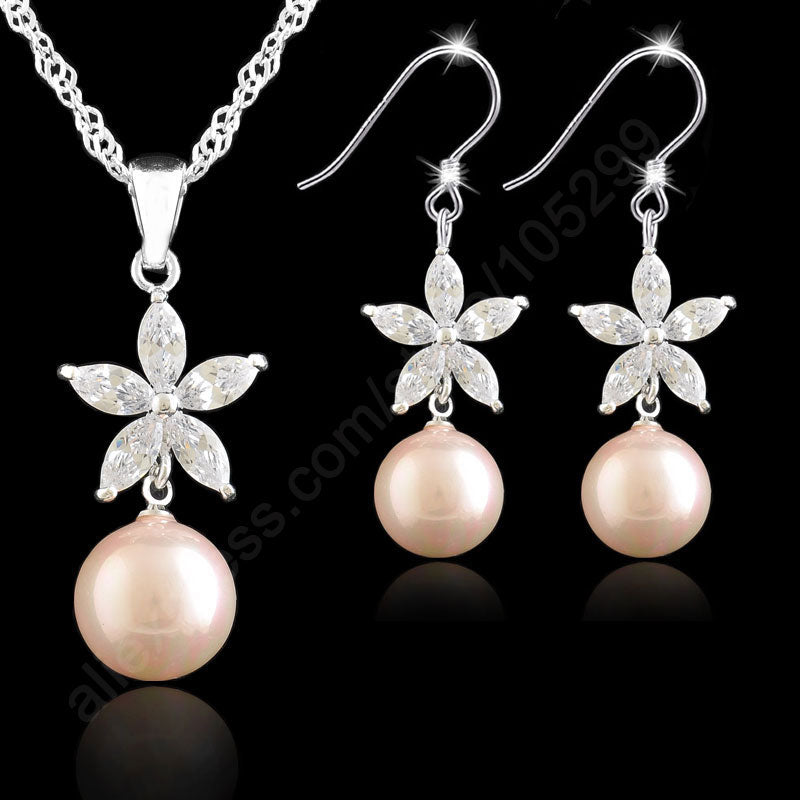 Jewelry Sets 925 Sterling Silver Jewelry Pink Pearl Flower Cubic Zirconia Necklace Earring Set Singapore Link Chain