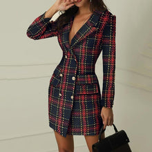 Load image into Gallery viewer, Fashion suit women blazer dress Autumn Winter Double Breasted Plaid Pocket Button Front Military Style Mini Dress Free Ship Z4