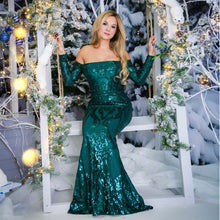 Load image into Gallery viewer, Full Sleeved Elegant Emerald Green Sequined Maxi Dress Padded Long Floor Length Off The Shoulder Slash Neck Dress