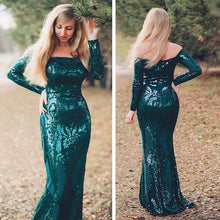 Load image into Gallery viewer, Full Sleeved Elegant Emerald Green Sequined Maxi Dress Padded Long Floor Length Off The Shoulder Slash Neck Dress