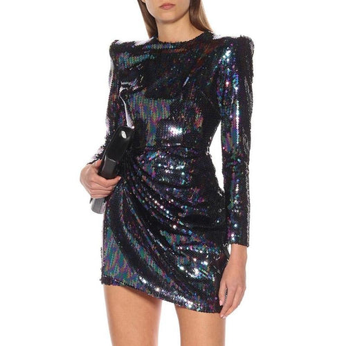 INDRESSME 2019 New Winter Fashion Women Sexy Vestidos Sequins Long Sleeve Asymmetry Bodycon Mini Dress Party Club Dress Whlesale