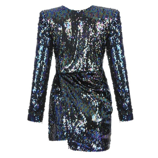 INDRESSME 2019 New Winter Fashion Women Sexy Vestidos Sequins Long Sleeve Asymmetry Bodycon Mini Dress Party Club Dress Whlesale