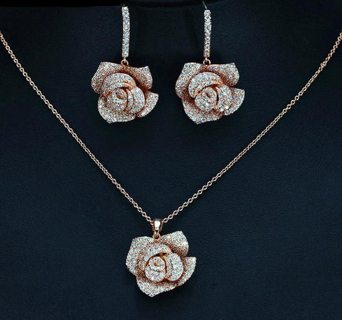 CWWZircons Geometric Flower Design Cubic Zircon Fashion Brand Women Rose Gold Color Earrings Necklace Pendant Jewelry Sets T016