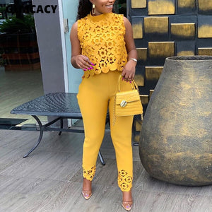 Women Plus Size Two Piece Matching Sets Hollow Out Sleeve Top Blouse & High Waist Bodycon Skinny Pants Office Lady Elegant Suit