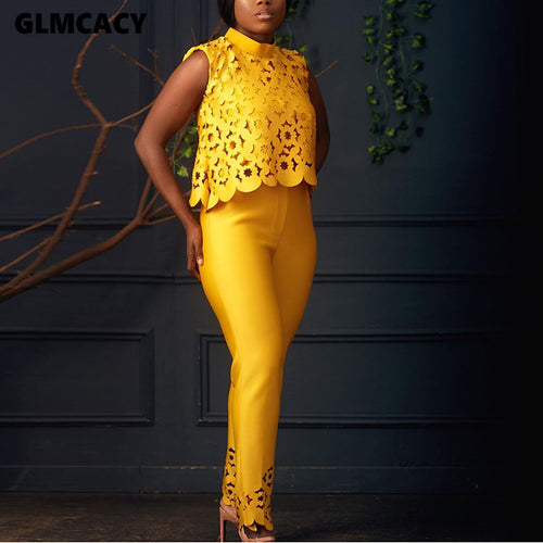 Women Plus Size Two Piece Matching Sets Hollow Out Sleeve Top Blouse & High Waist Bodycon Skinny Pants Office Lady Elegant Suit