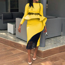 Load image into Gallery viewer, African Dresses Yellow Long Sleeve Lace Patchwork Ruffle Pencil Midi O Neck Slim Pink Peplum Dresses Autumn 2020 Office Wear