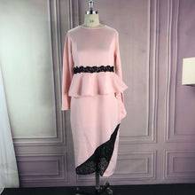 Load image into Gallery viewer, African Dresses Yellow Long Sleeve Lace Patchwork Ruffle Pencil Midi O Neck Slim Pink Peplum Dresses Autumn 2020 Office Wear