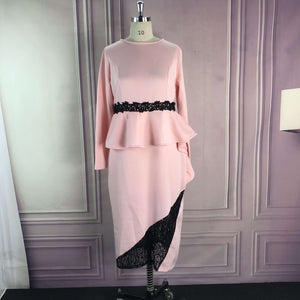 African Dresses Yellow Long Sleeve Lace Patchwork Ruffle Pencil Midi O Neck Slim Pink Peplum Dresses Autumn 2020 Office Wear