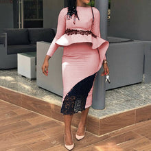 Load image into Gallery viewer, African Dresses Yellow Long Sleeve Lace Patchwork Ruffle Pencil Midi O Neck Slim Pink Peplum Dresses Autumn 2020 Office Wear