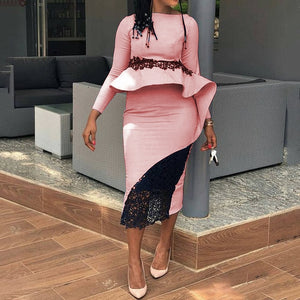 African Dresses Yellow Long Sleeve Lace Patchwork Ruffle Pencil Midi O Neck Slim Pink Peplum Dresses Autumn 2020 Office Wear