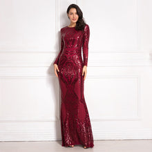 Load image into Gallery viewer, Burgundy Long Sleeve Sequined Maxi Dress Bodycon O Neck Full Length Stretchy Autumn Winter Long Evening Party Dress Black Gold