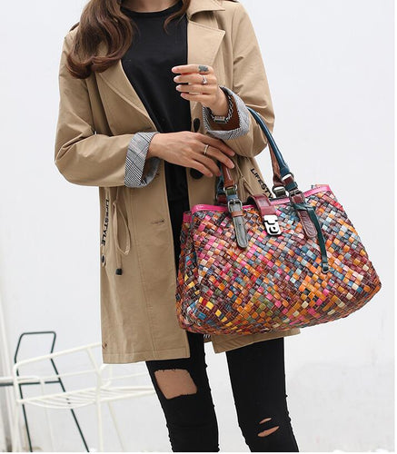San Maries Designer Handbag High Quality Genuine Leather Vintage Colorful Tote Large Weave Handbags Shoulder Bags