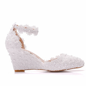 Crystal Queen Lace 8CM Wedges Heel Woman Wedding Shoes Bride White Lace UP Sweet Bridesmaid Bridal Pumps Platform