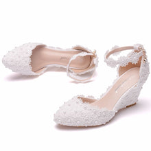 Load image into Gallery viewer, Crystal Queen Lace 8CM Wedges Heel Woman Wedding Shoes Bride White Lace UP Sweet Bridesmaid Bridal Pumps Platform