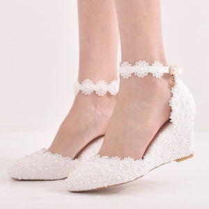 Crystal Queen Lace 8CM Wedges Heel Woman Wedding Shoes Bride White Lace UP Sweet Bridesmaid Bridal Pumps Platform