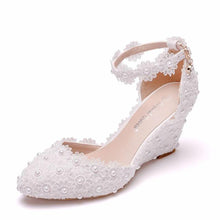 Load image into Gallery viewer, Crystal Queen Lace 8CM Wedges Heel Woman Wedding Shoes Bride White Lace UP Sweet Bridesmaid Bridal Pumps Platform