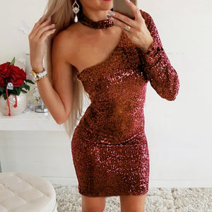 2XL Sexy Skew Collar Backless Sequin Dress Women One-shoulder Long Sleeve Autumn Mini Dress Spring Slim Bright Silk Party Dress