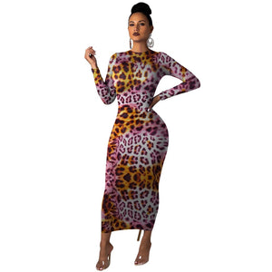 Women Leopard Long Sleeve Dress Evening Party Dresses  Autumn Winter Bodycon Ankle-Length Slim Elegant High Waist  Plus Size